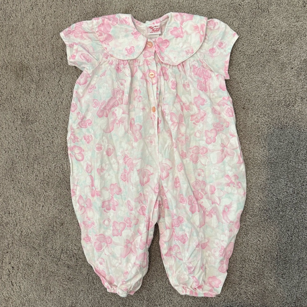 Vintage Maggie Mackall Pink Floral Baby Romper 18 months spring Easter
